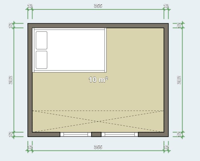 Planlösning av ett 8 kvadratmeter stort loft med måttangivelser, sängplacering och ventilationsöppning.