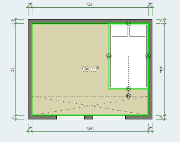 Planlösning av ett 8 kvm loft med markeringar för trappa, säng, ventilation och öppning mot nedre våningen.