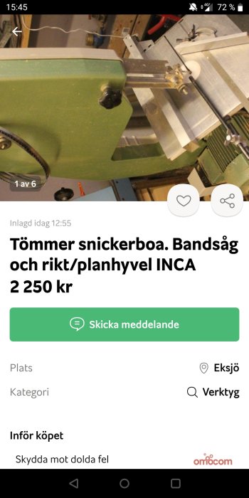 Del av rikt/planhyvel Inca på ett arbetsbord, bild från en annons om försäljning för snickarverktyg.