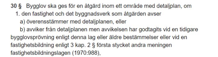 Utdrag ur Plan- och bygglagen med text om villkor för bygglov enligt 9 kapitel 30 paragraf.