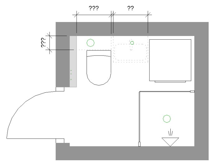 Skiss av ett badrum med planerad placering för WC, handfat, golvbrunn och vattenledningar.