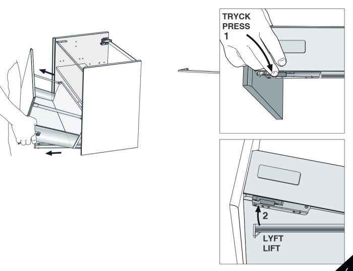 Illustration av monteringssteg för kommod: att fästa och justera skenor.