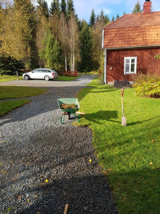 Nykantad infart med grus och gräs, skottkärra och spade, och traditionellt rött hus i bakgrunden.