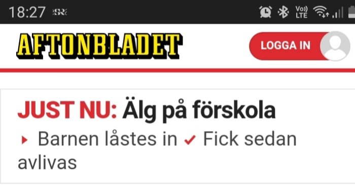 Skärmdump från Aftonbladet med nyhetsrubrik om älg på förskola.