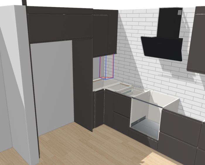 3D-illustration av kök med förslag på att dölja dagvattenrör, indikerat med blått och rött.