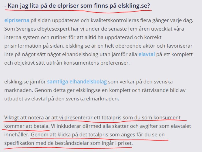 Skärmdump från Elsklings webbplats med text som diskuterar trovärdighet och jämförelse av elpriser och avtal.