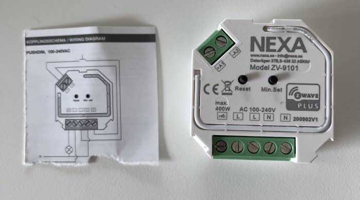 Nexa ZV-9101 dosdimmer och dess kopplingsschema för installation vid en återfjädrande brytare.