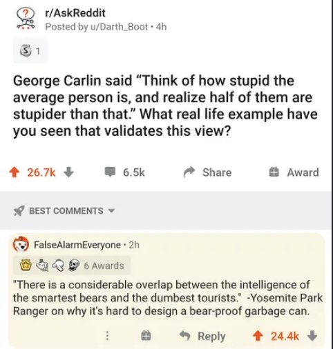 Skärmdump av en Reddit-tråd där en användare citerar George Carlin om mänsklig dumhet samt en kommentar om björnar och turister.