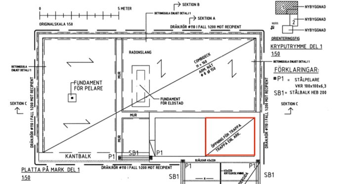 Byggplan med markerad öppning för trappa i gjutet valv.