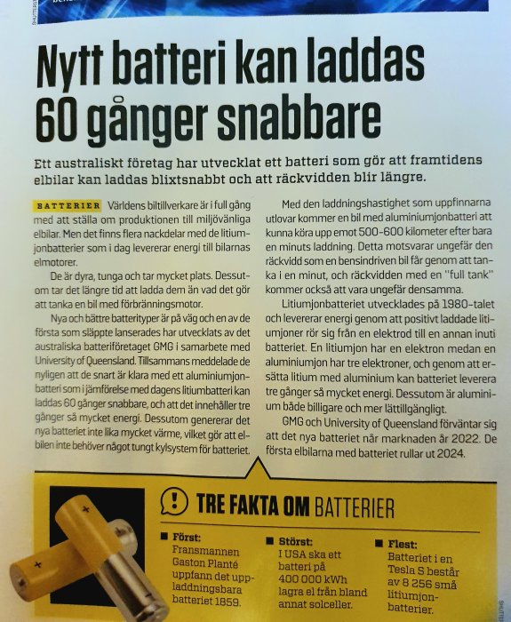 Artikel om nytt snabbladdningsbart batteri som kan laddas 60 gånger snabbare med infografik och batteriillustrationer.