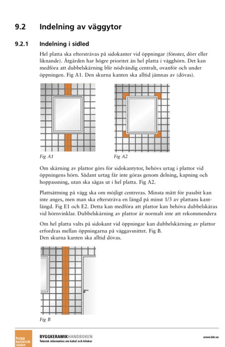 Illustrationer som visar indelning av väggytor och korrekt placering av plattor runt öppningar enligt byggkeramikhandboken.