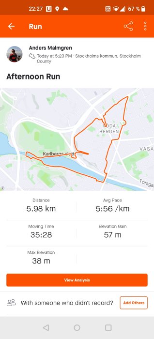 Skärmdump av löprunda med karta och statistik: 5.98 km, tidsåtgång 35:28, hastighet 5:56/km.