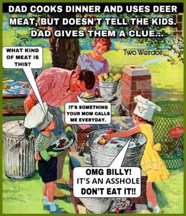 Illustration av en familj vid grillning med talbubblor som indikerar en oväntad humoristisk dialog.