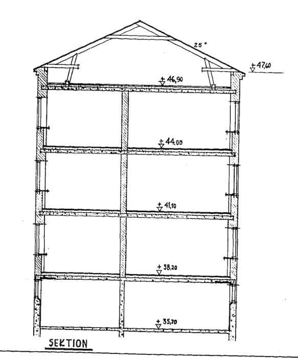 Bygningens tværsnitsprofil med etagehøjder markeret, viser placering af bjælkelag og tagkonstruktion. Bærende vægge ses i yderkanten.