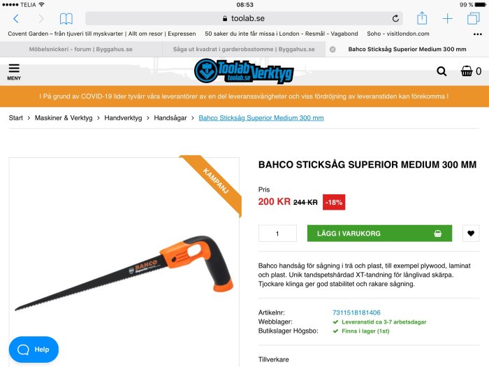 Bahco sticksåg med orangefärgat handtag och svart sågblad, skärmdump från Toolab webbsida med pris och kampanjinformation.