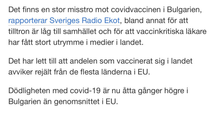 Skärmdump av text från en artikel som diskuterar skepticism mot Covid-19-vacciner i Bulgarien och dess konsekvenser.