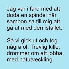 Text på blå bakgrund: "Jag var i färd med att döda en spindel när sambon sa till mig att gå ut med den istället..." humoristisk text.