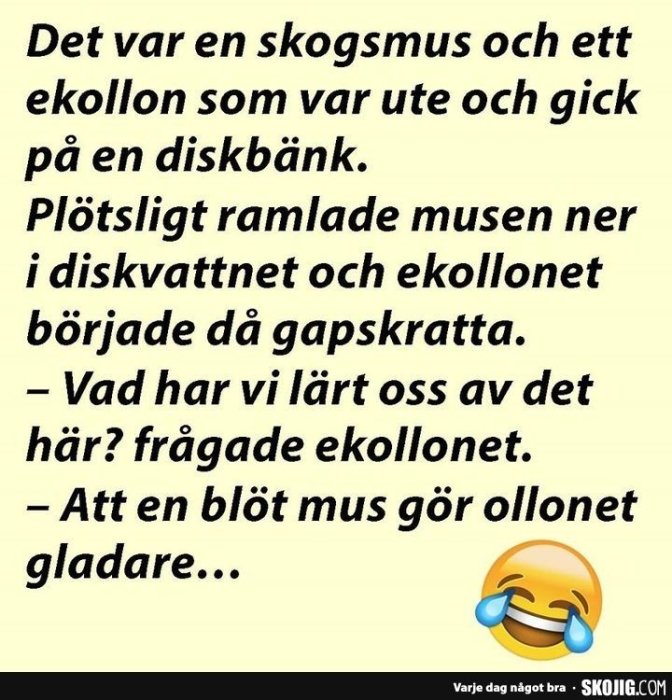 Bild på en humoristisk text om en skogsmus, ett ekollon och en diskbänk med en emoji som skrattar.