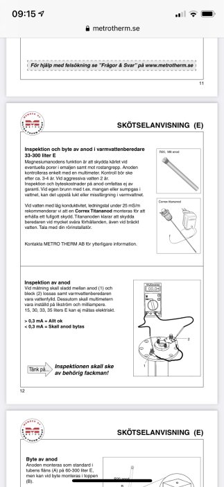 Skärmdump av skötselanvisning för inspektion och byte av anod i varmvattenberedare med diagram och multimeterns avläsning.