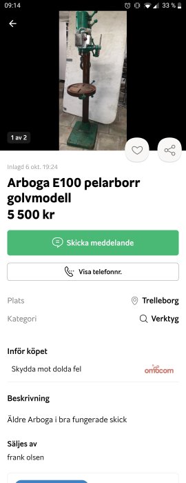 Arboga E100 golvmodell pelarborr i grönt och svart, placerad i ett verkstadsutrymme, till försäljning för 5 500 kr.