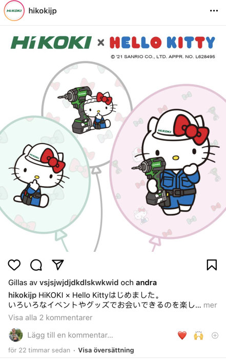 Hello Kitty iklädd skyddshjälm och arbetskläder med en borr från HiKOKI.