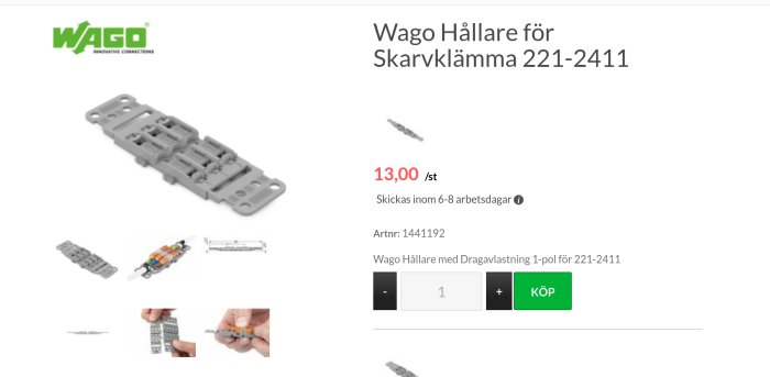 Wago hållare för skarvklämma 221-2411 med prisinformation och köpknapp.