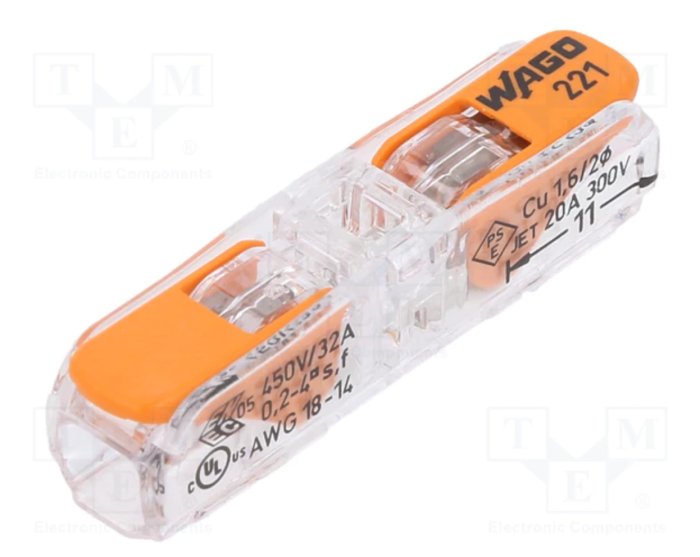 Transparent WAGO 221 skarvklämma för elektriska ledningar med orange spak, med tekniska specifikationer.