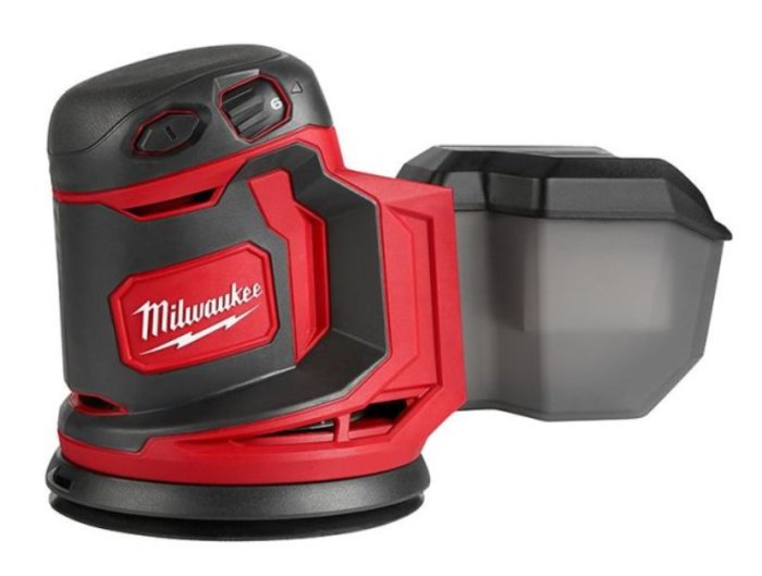 Milwaukee M18 excenterslipmaskin med 5Ah batteri i röd och svart färg.