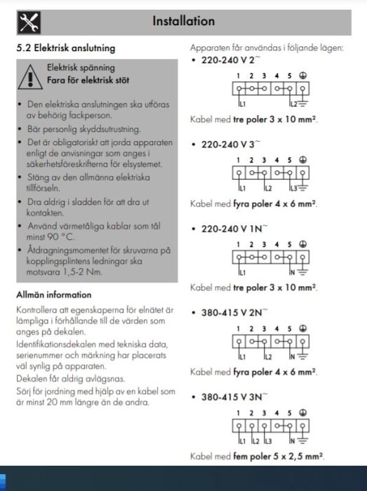 Tekniskt diagram som visar elektrisk anslutning för olika typer av spiskablar och strömförsörjningar.