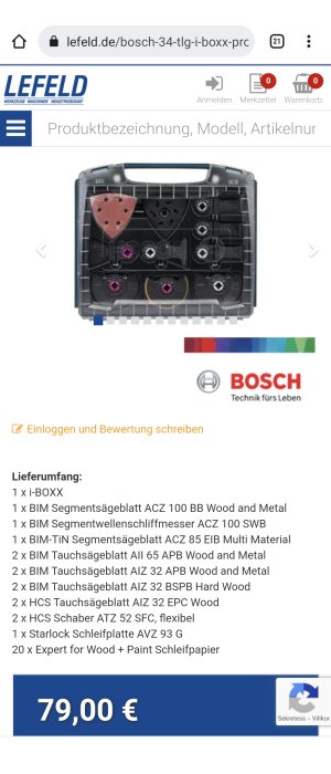 Bild på Bosch blandat verktygsset i förpackningen, inklusive sågblad och slipmaterial, angivet pris 79,00 €.