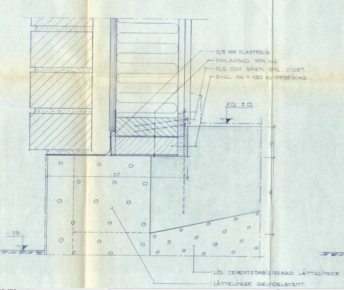 Arkitektonisk ritning av en byggkonstruktion med dimensioner och materialangivelser, som t.ex. plastisol och korrugerad plåt.