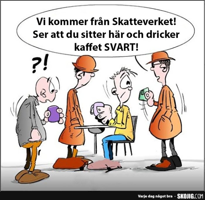 Tecknad bild av tre personer som representerar Skatteverket som konfronterar en man som dricker svart kaffe.