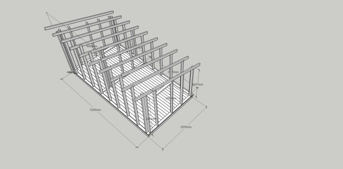 CAD-ritning av en bastu och grillstuga stomkonstruktion med måttangivelser.