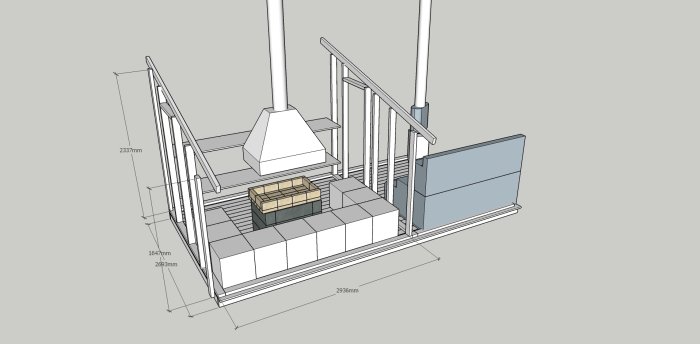 3D-ritning av en bastu och grillstuga med eldstad, bänkar och rökkanal.