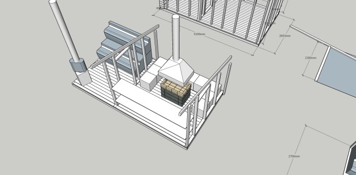 3D-modell av stommen till en kombinerad bastu och grillstuga med måttangivelser.