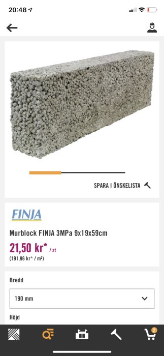 Betonghålsten, Murblock FINJA 3MPa 9x19x59cm, förslag på användning i byggprojektet.