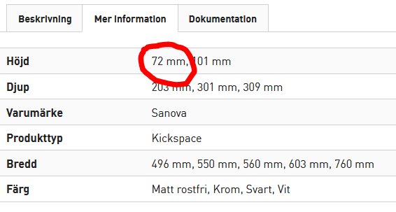 Specifikationstabel med markerad höjd på 72 mm för en kickspace som passar IKEAs låga socklar.