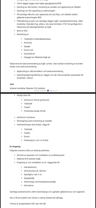Bild av ett dokument som listar åtgärder för renovering, inklusive VVS och elarbeten, med vissa delar överstrukna.