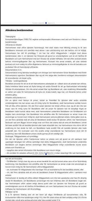 Bild av dokument med rubriken "Allmänna bestämmelser", text om konsumenttjänstlagen och utförande av arbete, med överstrukna sektioner.