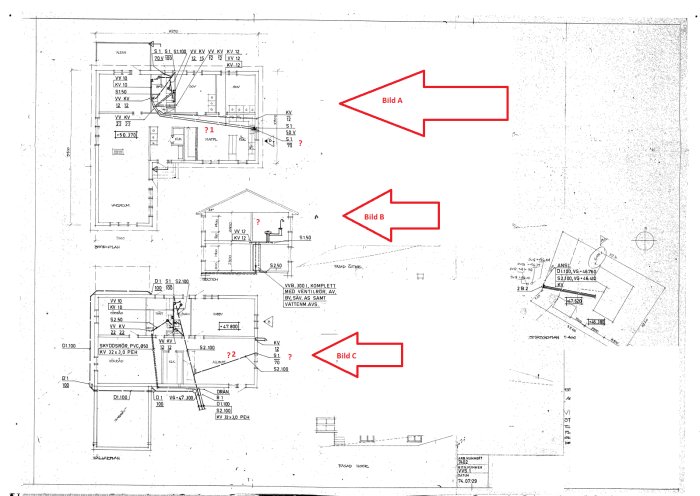 Ritning av husplan med markerade områden betecknade Bild A, Bild B och Bild C.