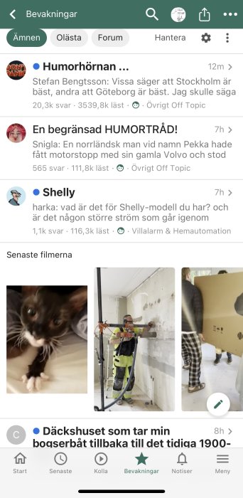 Skärmdump av ett diskussionsforum med trådar om humor och hemautomation, och ett störande inslag av filmklipp bland inläggen.