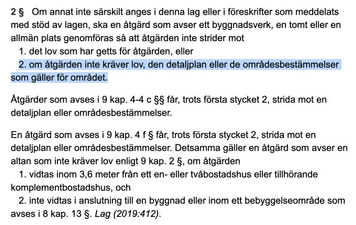 Skärmdump av lagtext med markerad viktig del om byggnadsåtgärder som inte kräver lov.