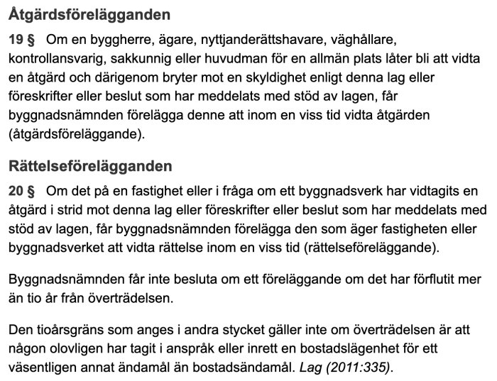 Skärmdump av texturdrag från Plan- och bygglagen med paragrafer om åtgärds- och rättelseförelägganden.