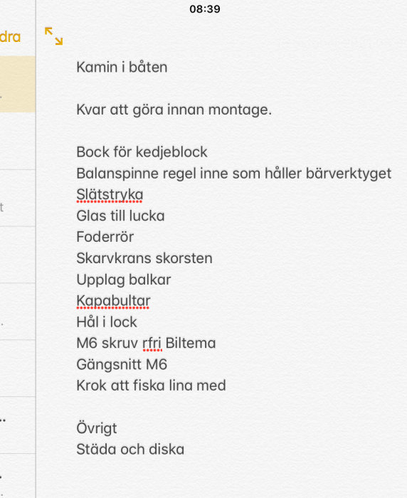 En skärmdump av en digital anteckningslista med punkter för arbete relaterat till installation av kamin i båt.