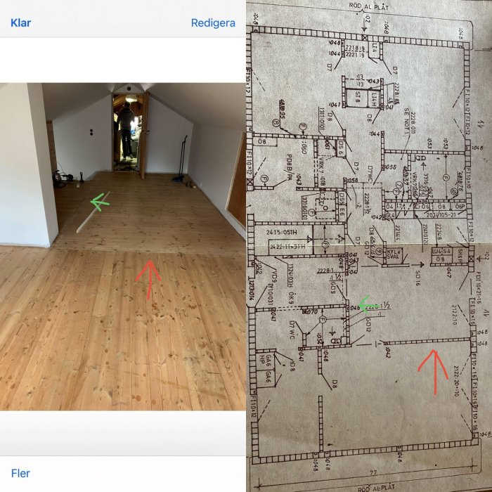 Renoverat trägolv i korridor jämfört med planritning, markeringar visar områden.