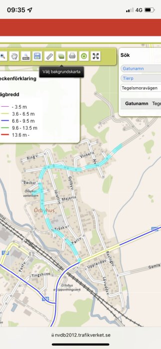 Skärmbild från Trafikverkets NVDB-karttjänst som visar vägar och vägbredder i Örbyhus, Sverige.