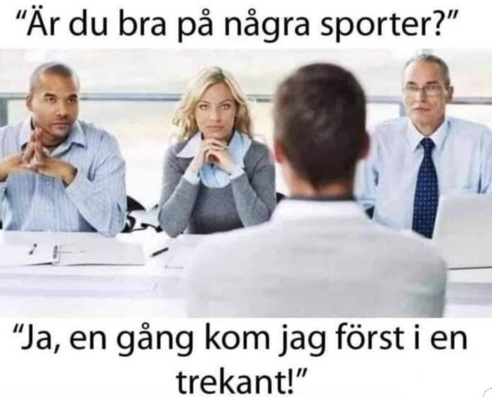 Humoristisk bild av en jobbintervju med pratbubblor som skämtsamt pratar om sporter.