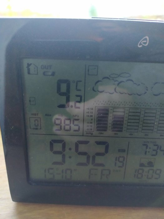 Digital väderstation visar en utetemperatur på 9,5 grader och klockan är 9:52.