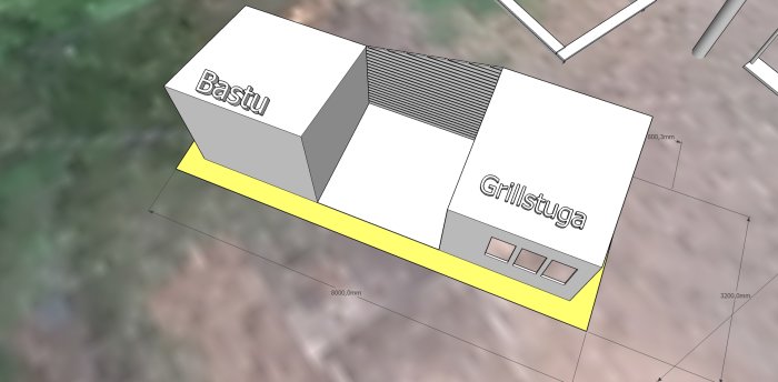 3D-modell av en bastu och grillstuga med etiketter och måttangivelser på en gråtonad bakgrund.