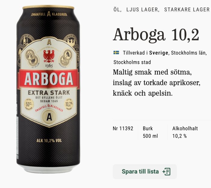 Burk av Arboga Extra Stark öl med alkoholvolym på 10,2%, maltig smakprofil noteras.